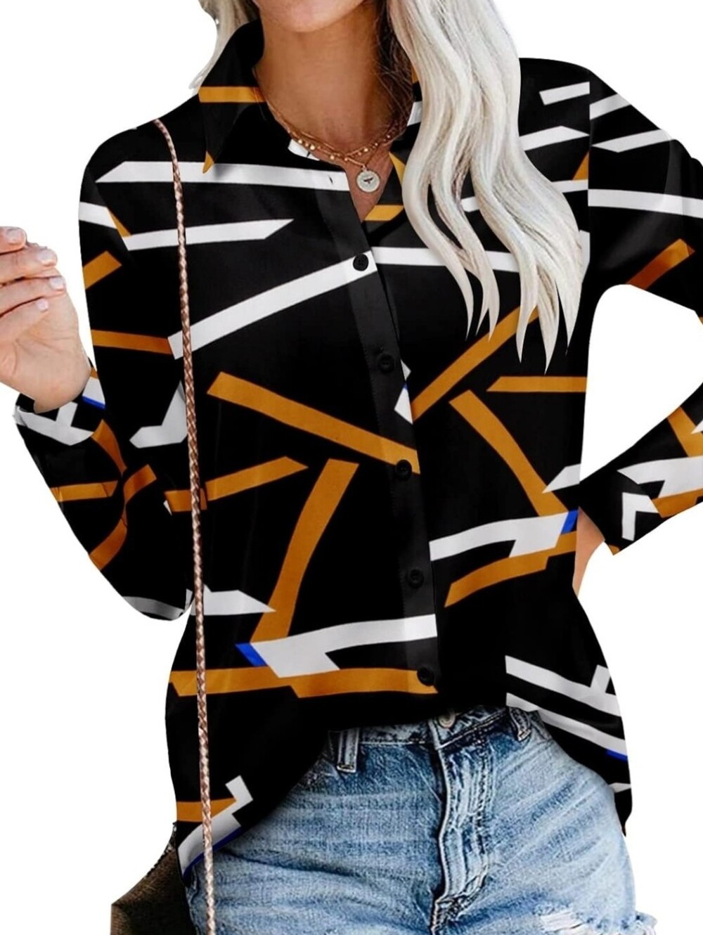 NWOT Women's Black Geometric Button-Up Silky Shirt  Size: XL